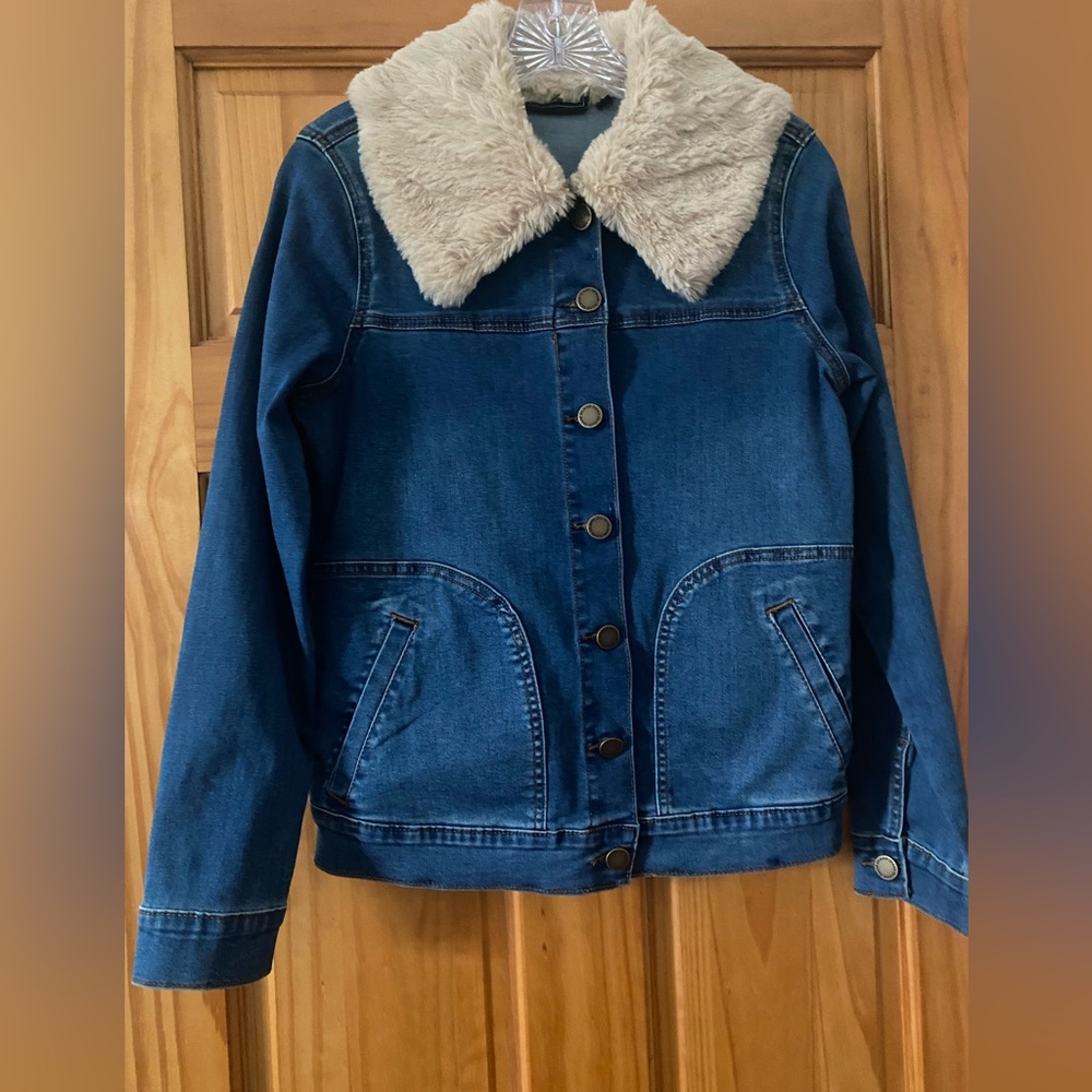 DG2 Diane Gilman Denim Jacket Faux Fur Collar Y2K Penny Lane Blue XS